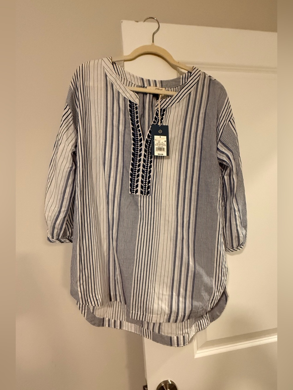 Universal Thread Blue and White Striped Peasant Blouse